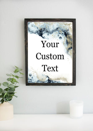 custom text canvas print on table with black frame