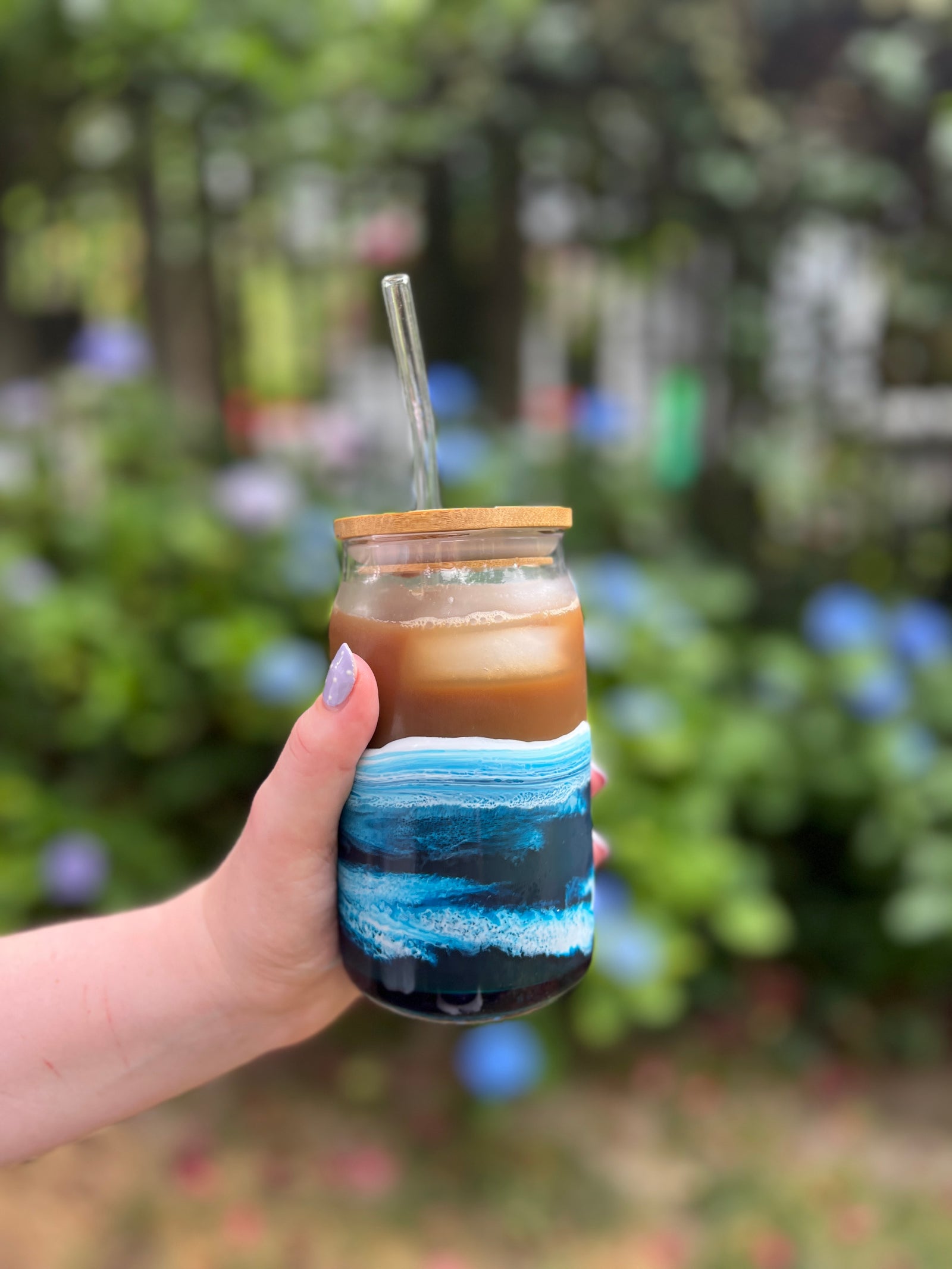 Ocean Inspired 16 Ounce Glass Can Tumbler with Bamboo Lid and Straw, Handmade Iced coffee tumbler,