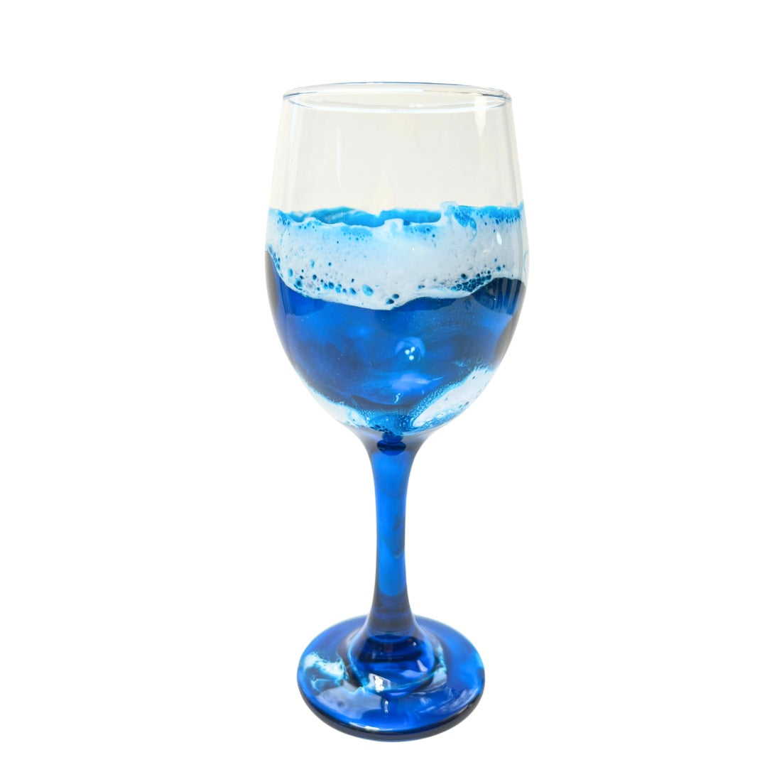Schafer Art Studio hand painted ocean theme wine glass 14 oz with stem, Coastal Decor, Resin Beach Glass
