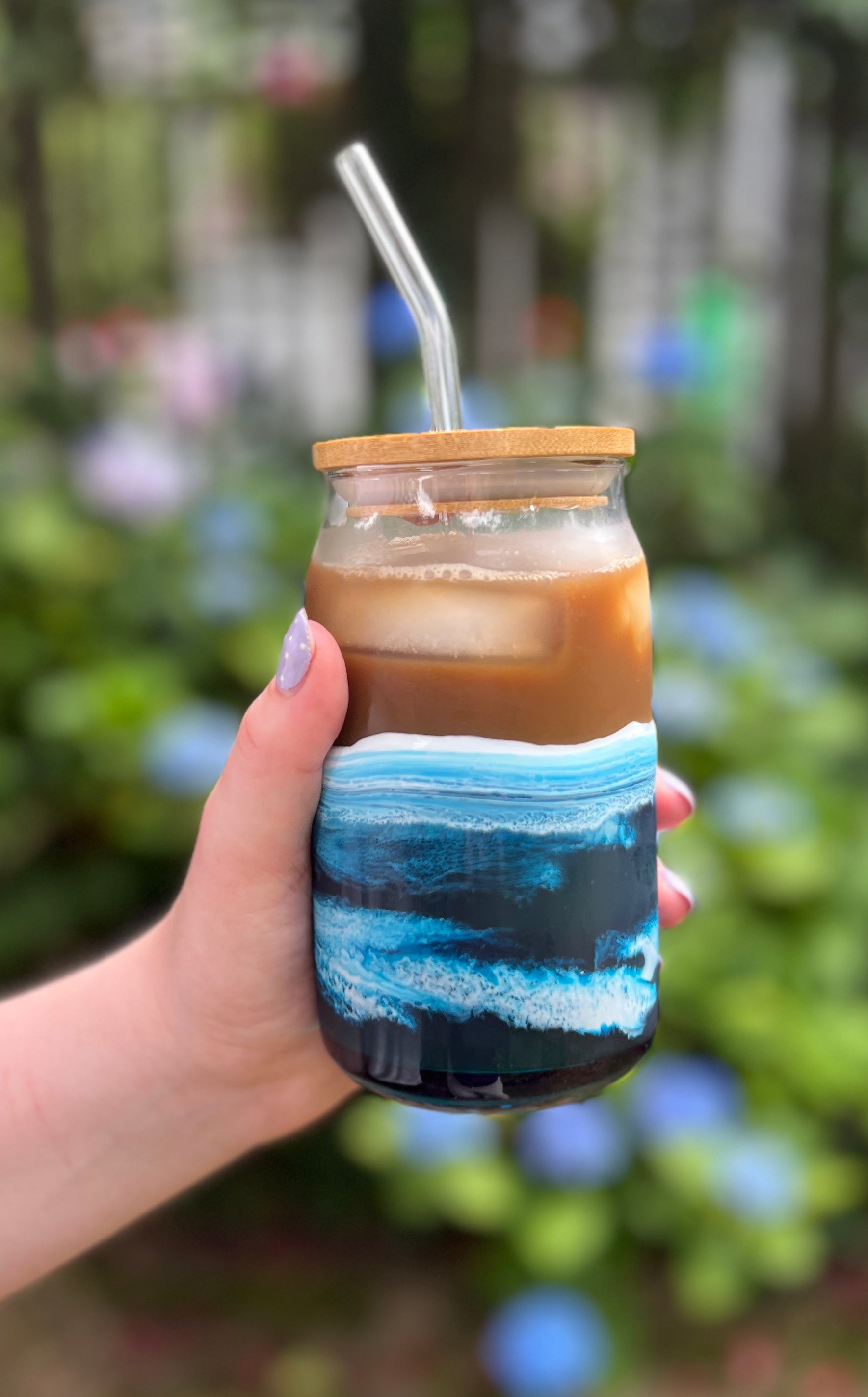 Ocean Inspired 16 Ounce Glass Can Tumbler with Bamboo Lid and Straw, Handmade Iced coffee tumbler,