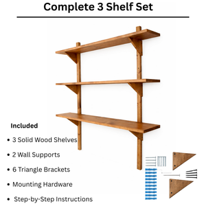 Mid Century Modern Solid Wood Wall Shelves – 3 Shelf Set, Open Wall Shelving Unit, Danish Modern Style, 48” Tall
