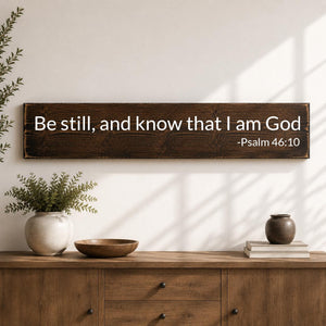 large dark walnut custom bible verse sign.  Be still and know that I am God. sized 40 inches by 12 inches above wood side board table