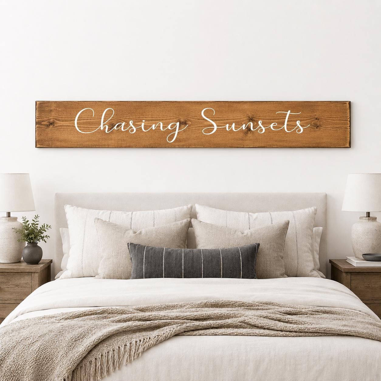 Large Wood sign light walnut stain sized 60" x 11.25" over cream bedroom.  above the bed wall decor