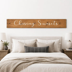 Large Wood sign light walnut stain sized 60" x 11.25" over cream bedroom.  above the bed wall decor