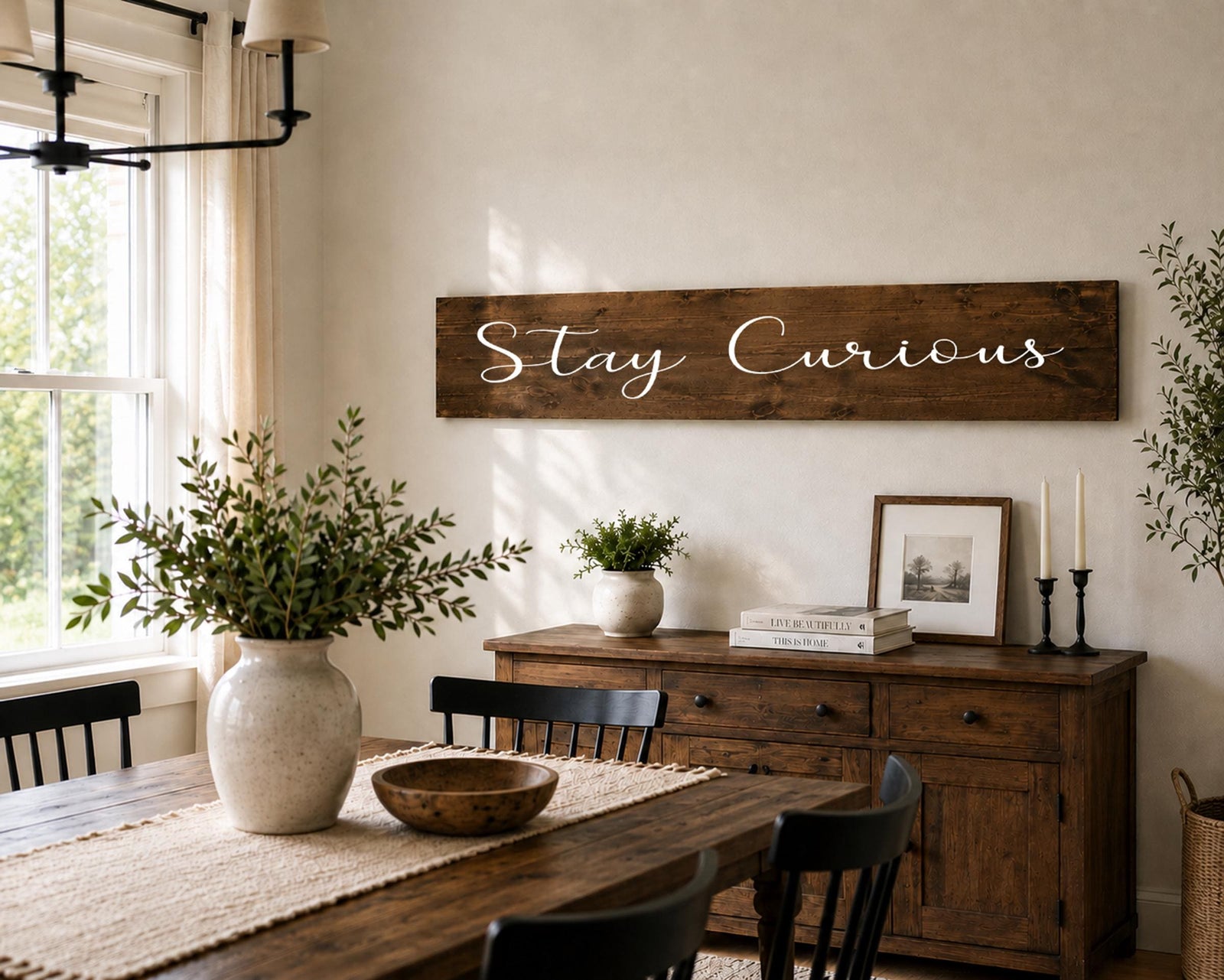 dark walnut 48 inch sign on wall with the words in white that say stay curious. in a dining room above a wood table.