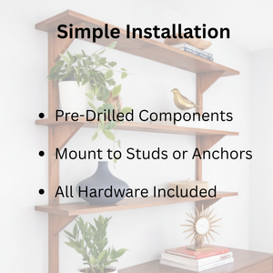 Mid Century Modern Solid Wood Wall Shelves – 3 Shelf Set, Open Wall Shelving Unit, Danish Modern Style, 48” Tall