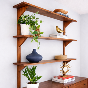 Mid Century Modern Solid Wood Wall Shelves – 3 Shelf Set, Open Wall Shelving Unit, Danish Modern Style, 48” Tall