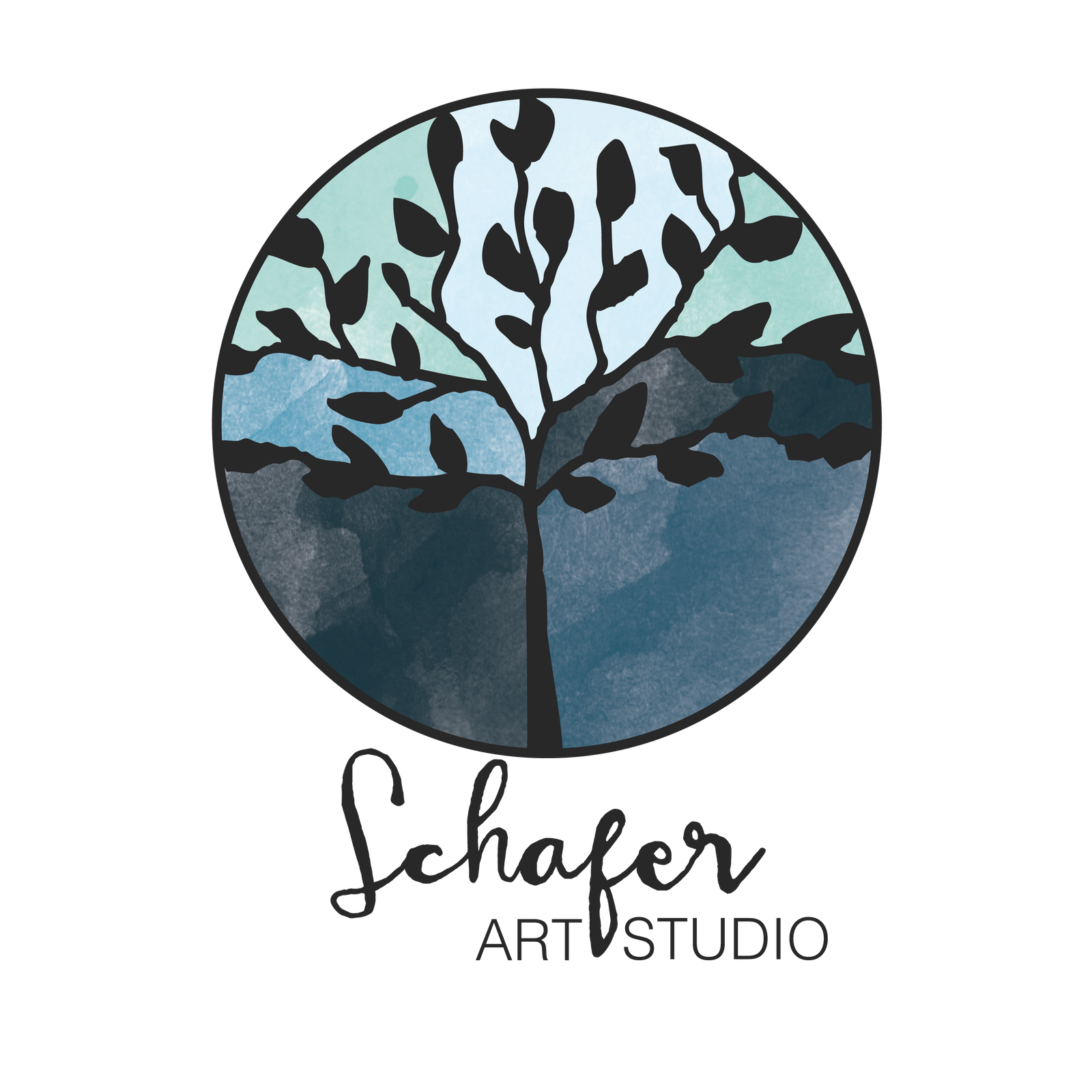 schafer art studio logo in words.  painting of black tree in circle with shades of blue