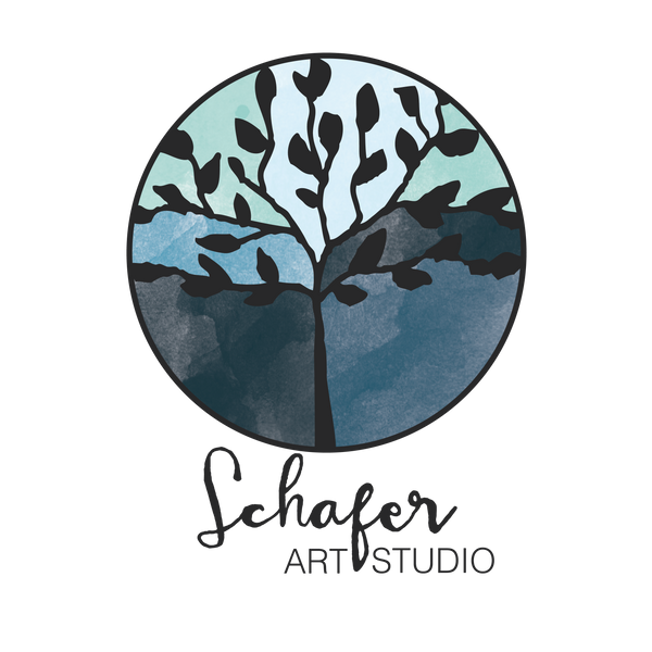 schafer art studio logo in words.  painting of black tree in circle with shades of blue