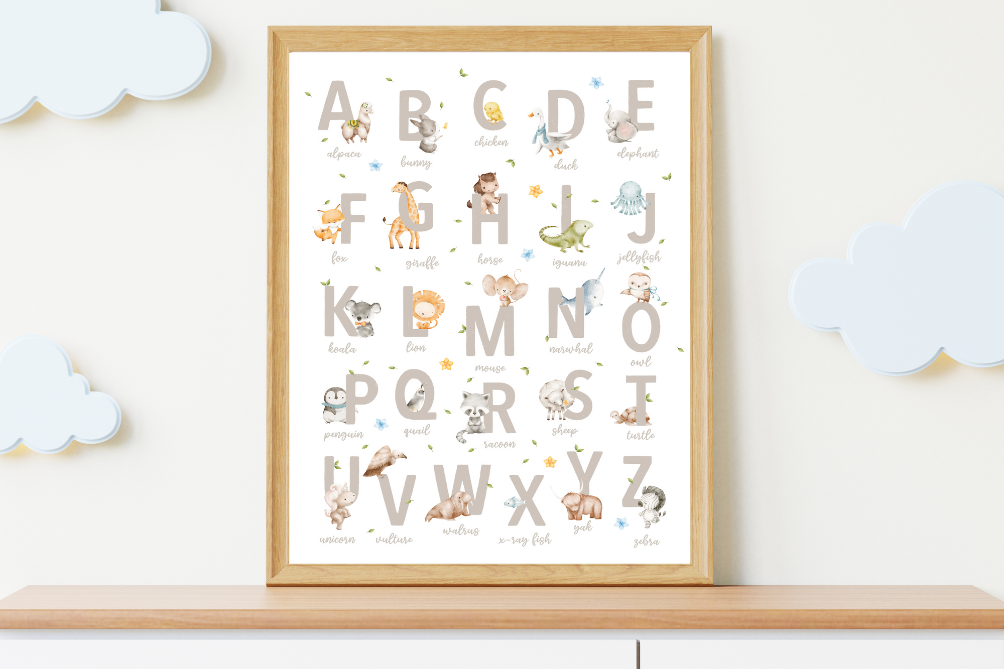 Canvas Alphabet Print with Woodland Animals for Your Nursery or Kids Room. ABC Boho wall décor