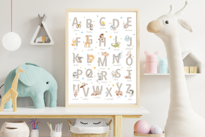 Canvas Alphabet Print with Woodland Animals for Your Nursery or Kids Room. ABC Boho wall décor