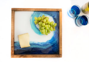 Turquoise Blue Wave Ocean Charcuterie Board, Handmade Resin Serving Tray