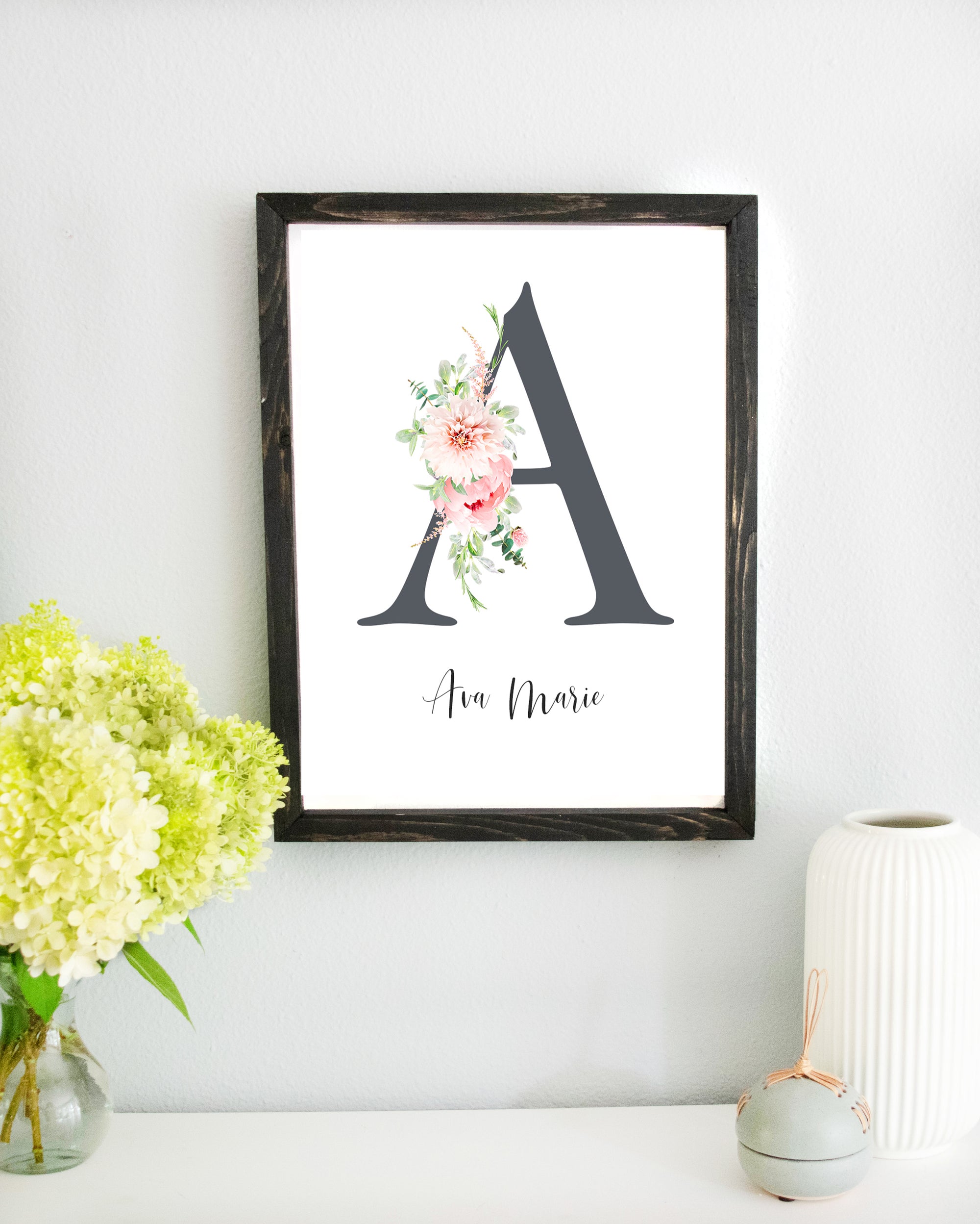 Floral Bouquet Initial with Baby Girl Name on Nursery Sign Wall Décor