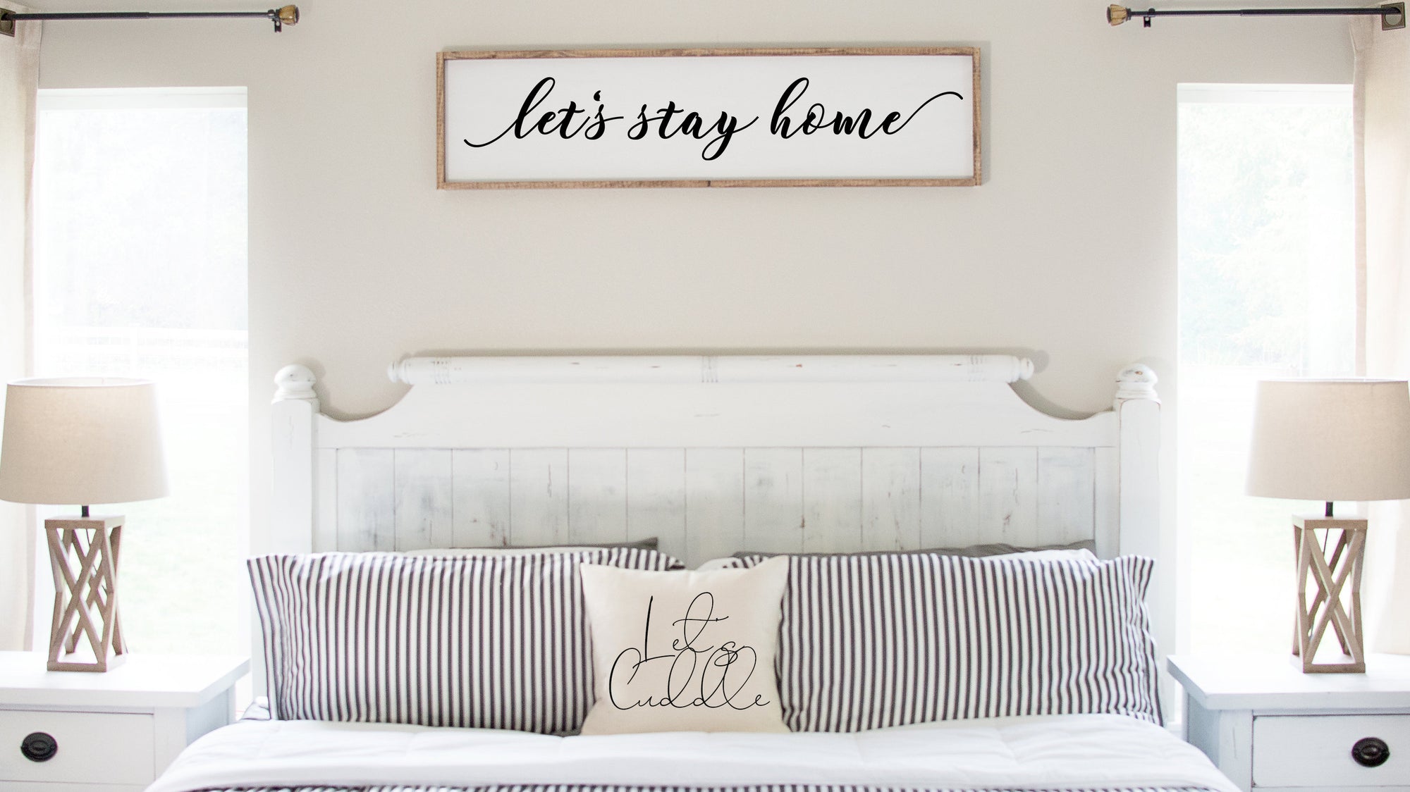 Rustic White Let&#39;s Stay Home Large Wood Framed Sign, wooden sayings quote sign, For Bedroom Family Living Room, Home Family Farmhouse Style