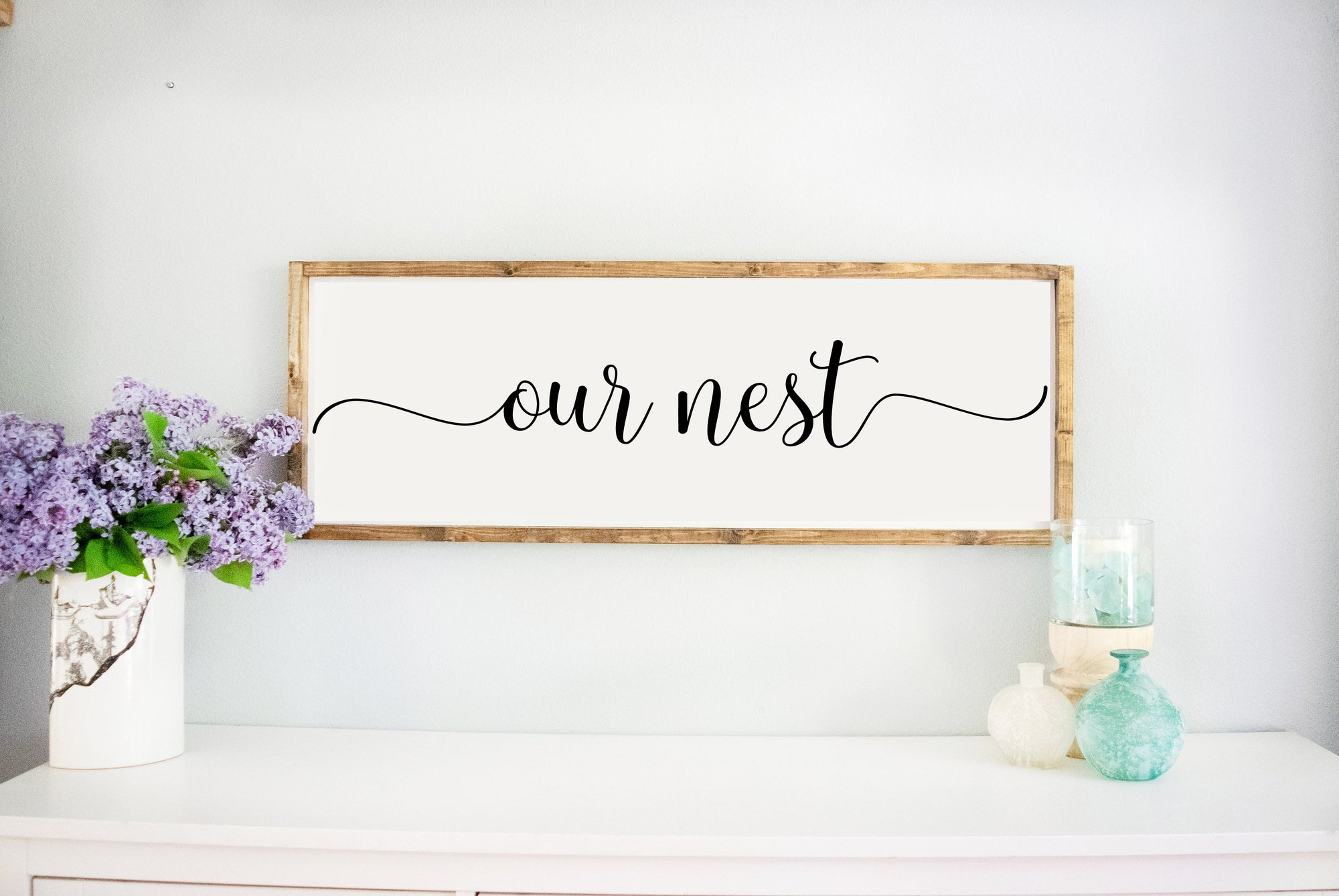 wooden sign with quote sayings, Our Nest Rustic White Large Wood Framed Sign, For Gallery Wall Family Living Room, Gift for housewarming