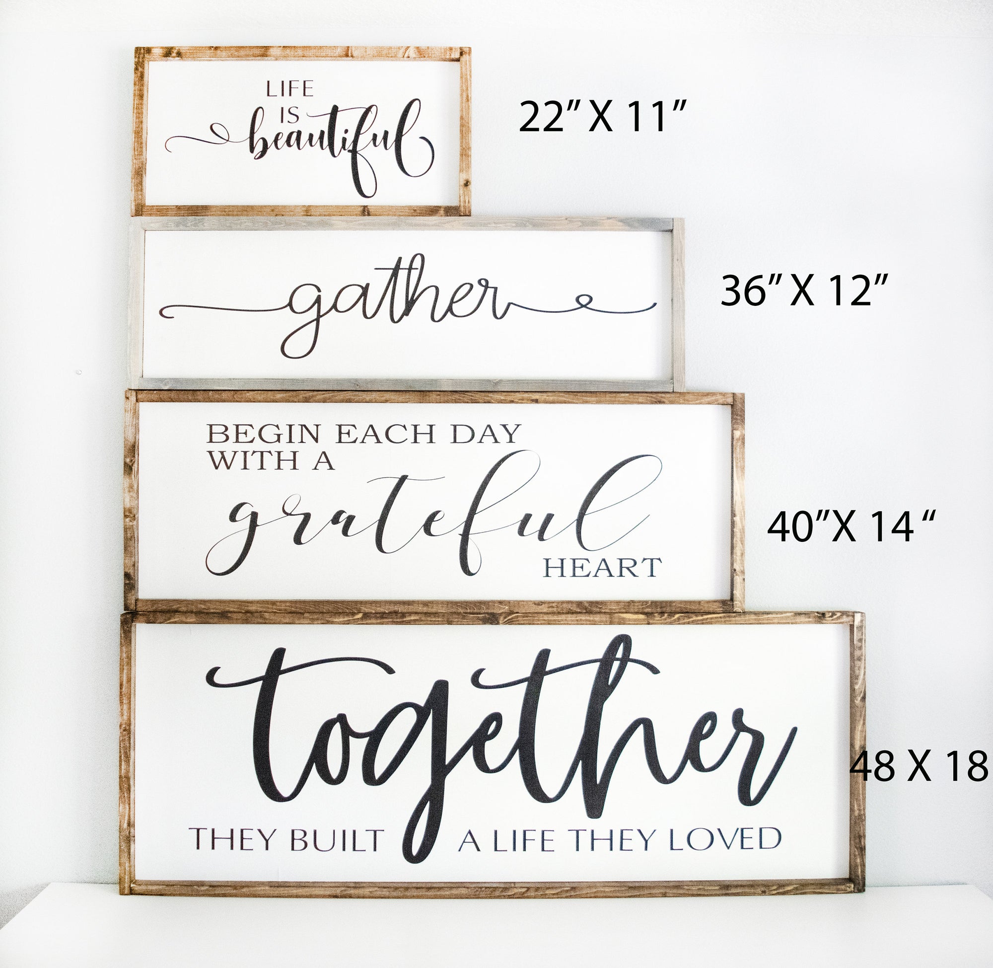Large Cursive Gather Here With Grateful Hearts Wood Framed Sign, wooden quote sign, big dining room kitchen rustic farmhouse style plaques