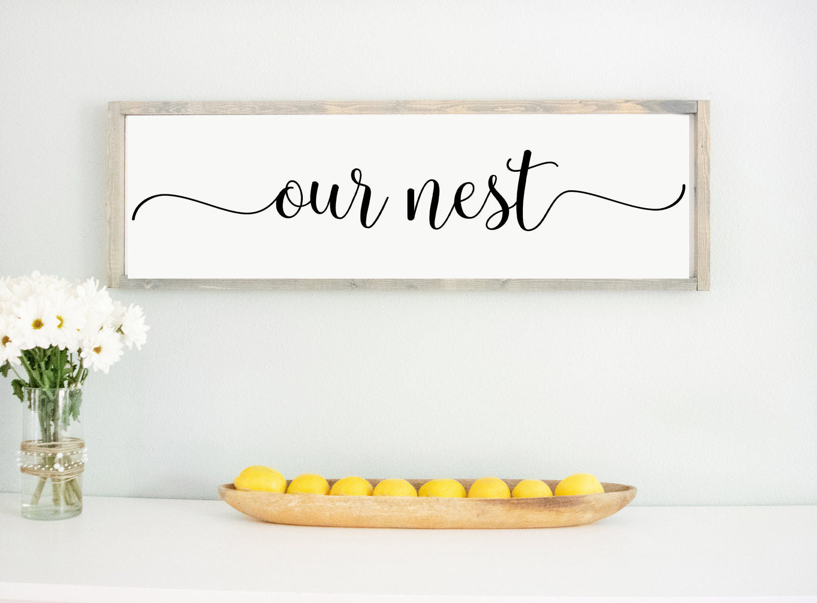 wooden sign with quote sayings, Our Nest Rustic White Large Wood Framed Sign, For Gallery Wall Family Living Room, Gift for housewarming