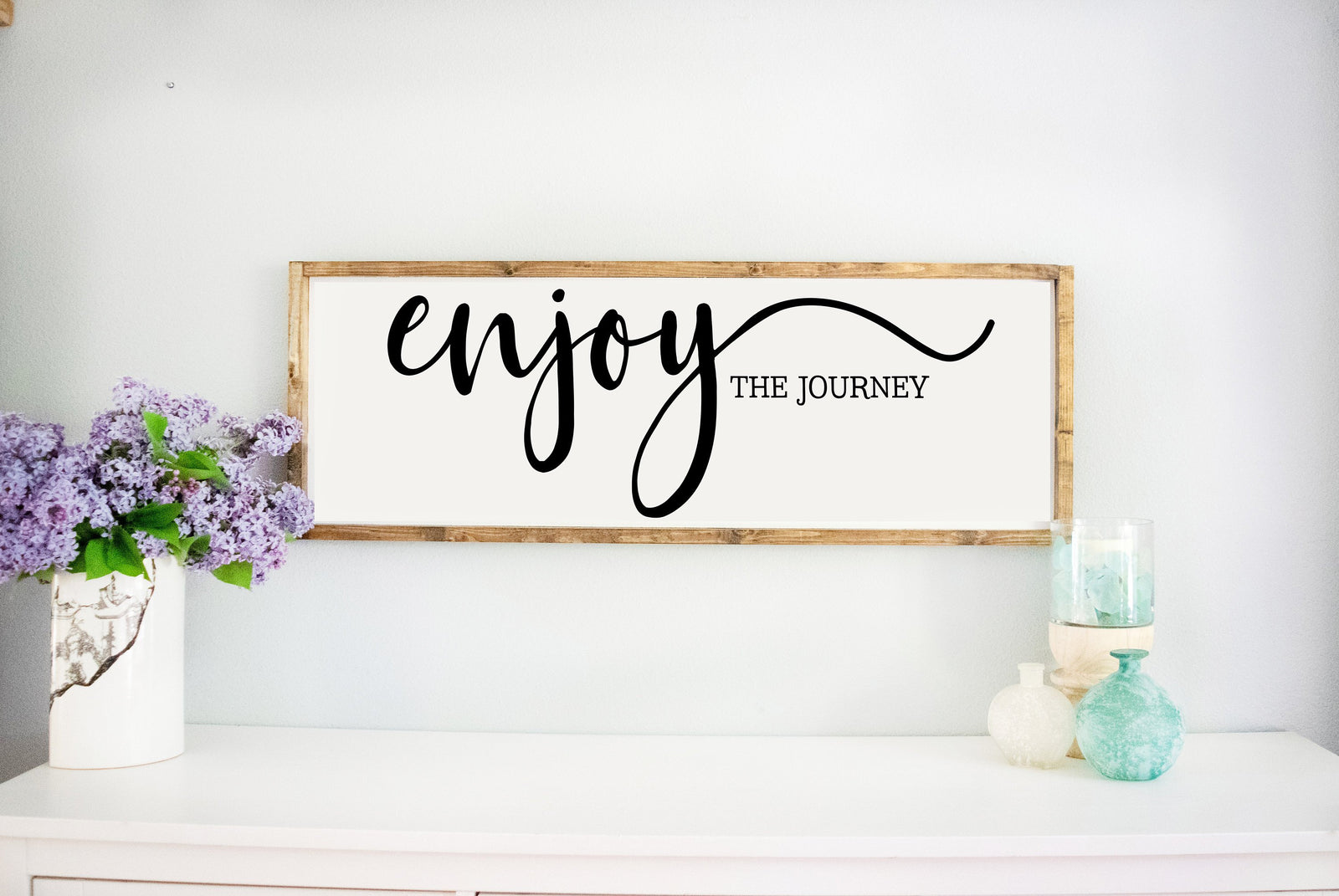 Rustic White Enjoy The Journey Large Wood Framed Sign, wooden sayings quote sign, For Family Living Room,  Home Family Farmhouse Style