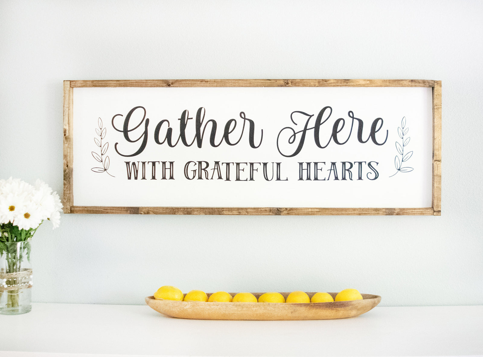 Large Cursive Gather Here With Grateful Hearts Wood Framed Sign, wooden quote sign, big dining room kitchen rustic farmhouse style plaques