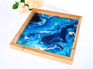 Marbled Blue Charcuterie Board, Handmade Resin Serving Tray