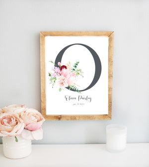 Floral Bouquet Initial with Baby Girl Name on Nursery Sign Wall Décor