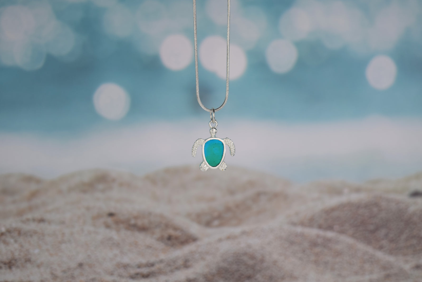 Blue & Green Sea Turtle Silver Charm Necklace, Turtle Gifts for Girls and Women