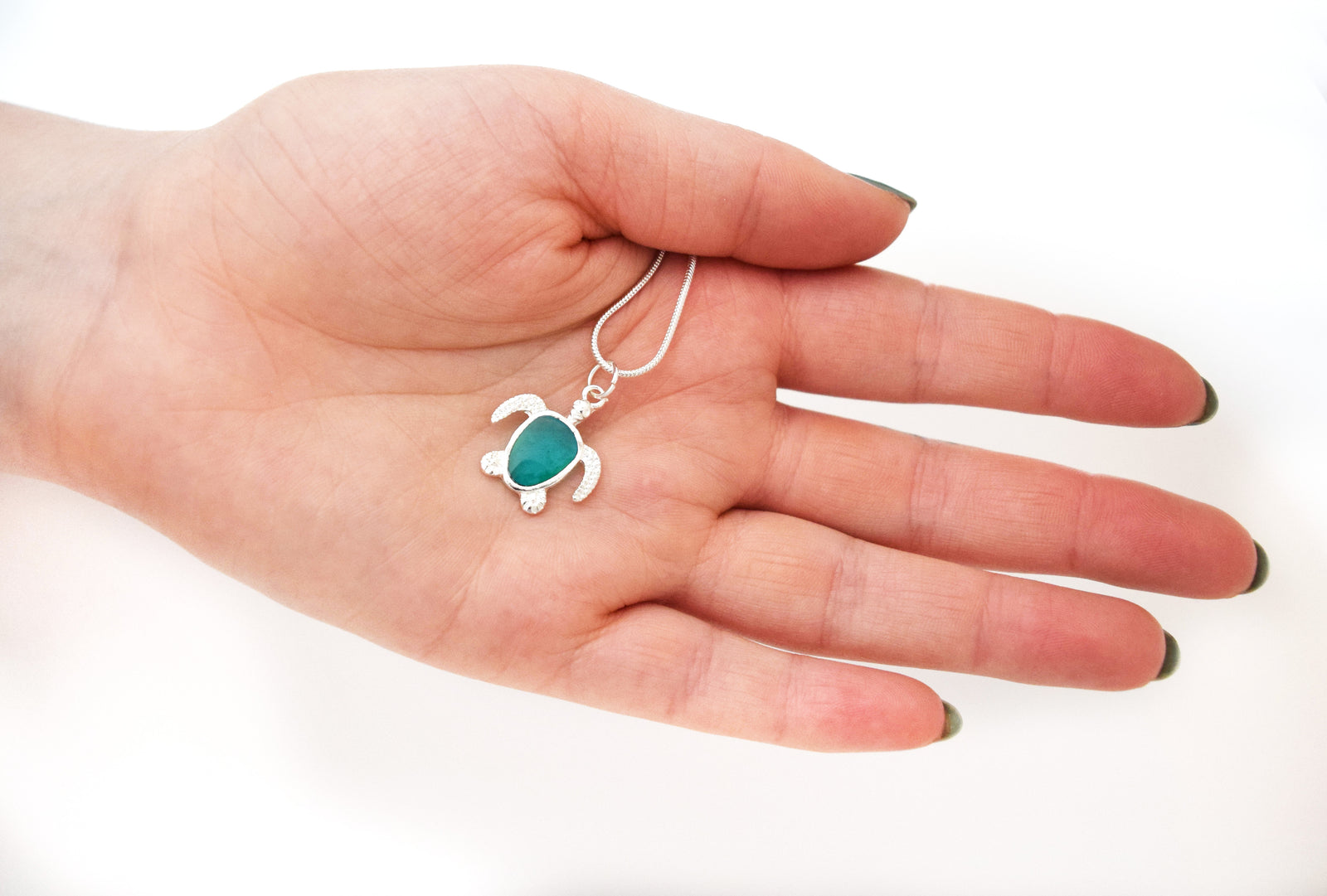 Blue & Green Sea Turtle Silver Charm Necklace, Turtle Gifts for Girls and Women