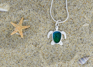 Blue & Green Sea Turtle Silver Charm Necklace, Turtle Gifts for Girls and Women