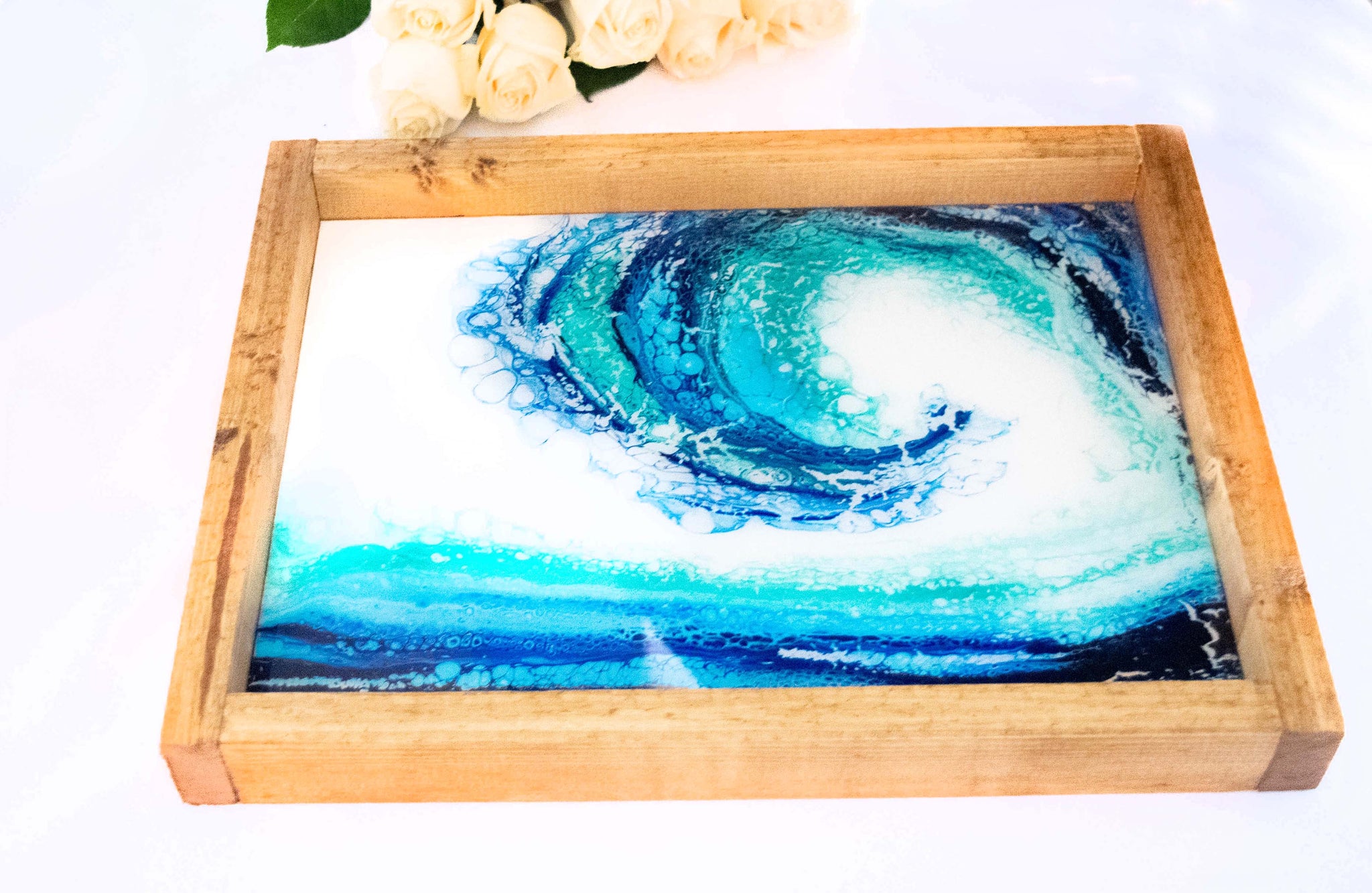 Resin Wave Handmade Wood Serving Tray, Ocean Inspired Charcuterie